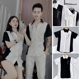 🔥hot🔥 áo sơ mi cộc tay nam nữ soái ca trắng đen chất cotton áo somi cộc tay đen trắng phối 2 màu