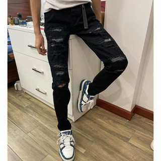 Quần Jean Nam Đính Đá Đen 4 Cúc Amiri Quần Jean Skinny Amiri Phối Đá Ánh Kim Hàng Quảng Châu Cao Cấp