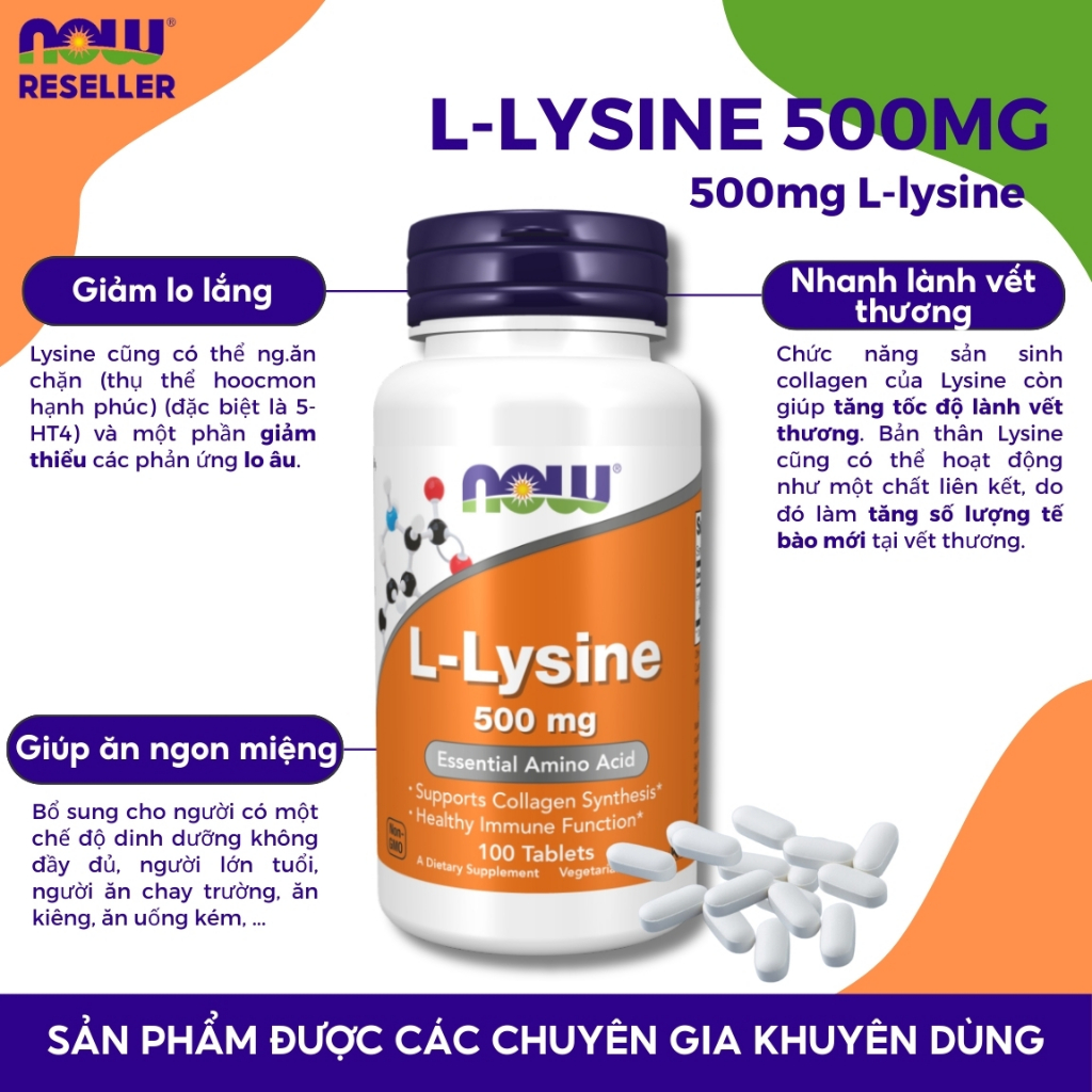 Hỗ trợ tăng sinh collagen Now L- Lysine giúp giảm mụn, hỗ trợ xương khớp 500mg 100 viên