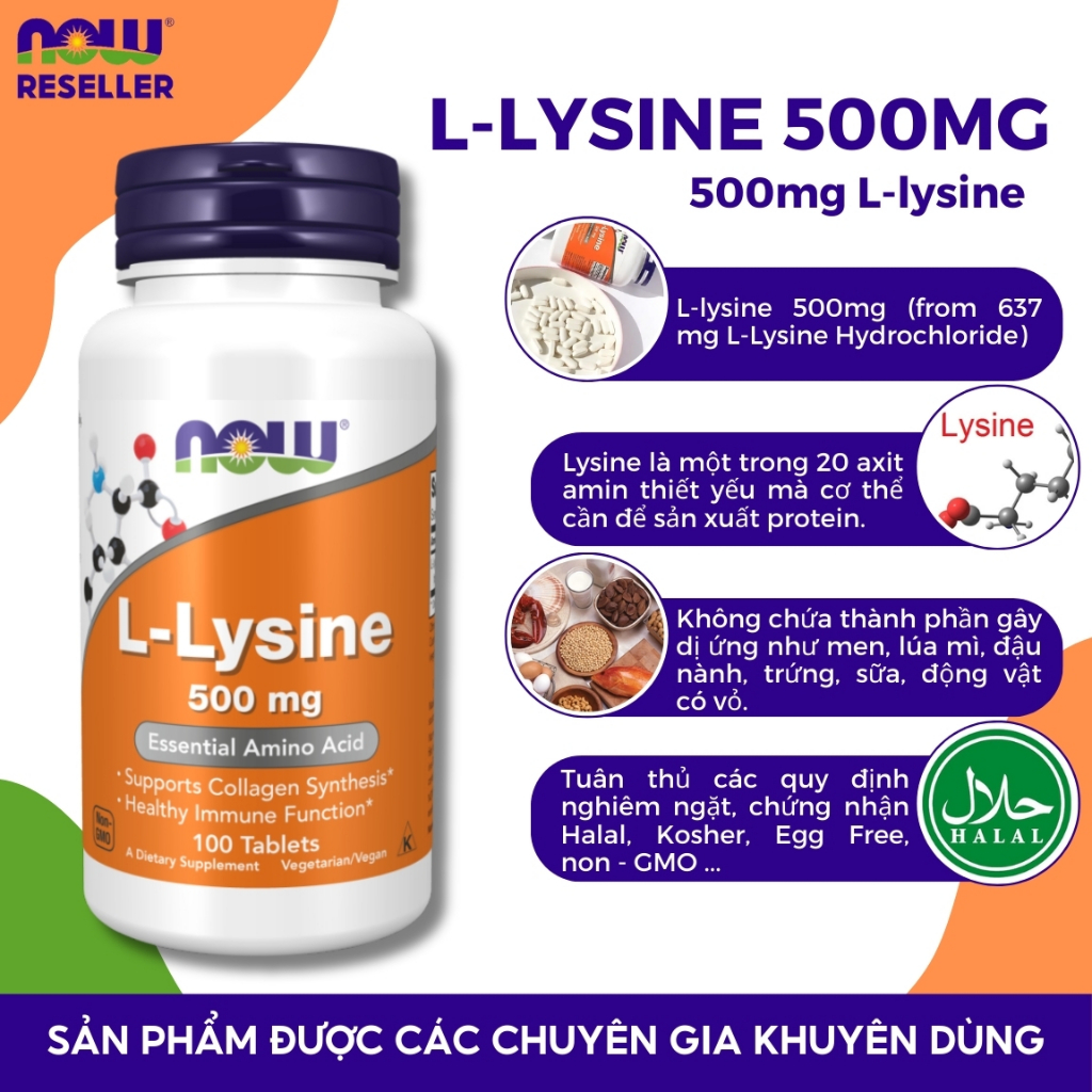 Hỗ trợ tăng sinh collagen Now L- Lysine giúp giảm mụn, hỗ trợ xương khớp 500mg 100 viên