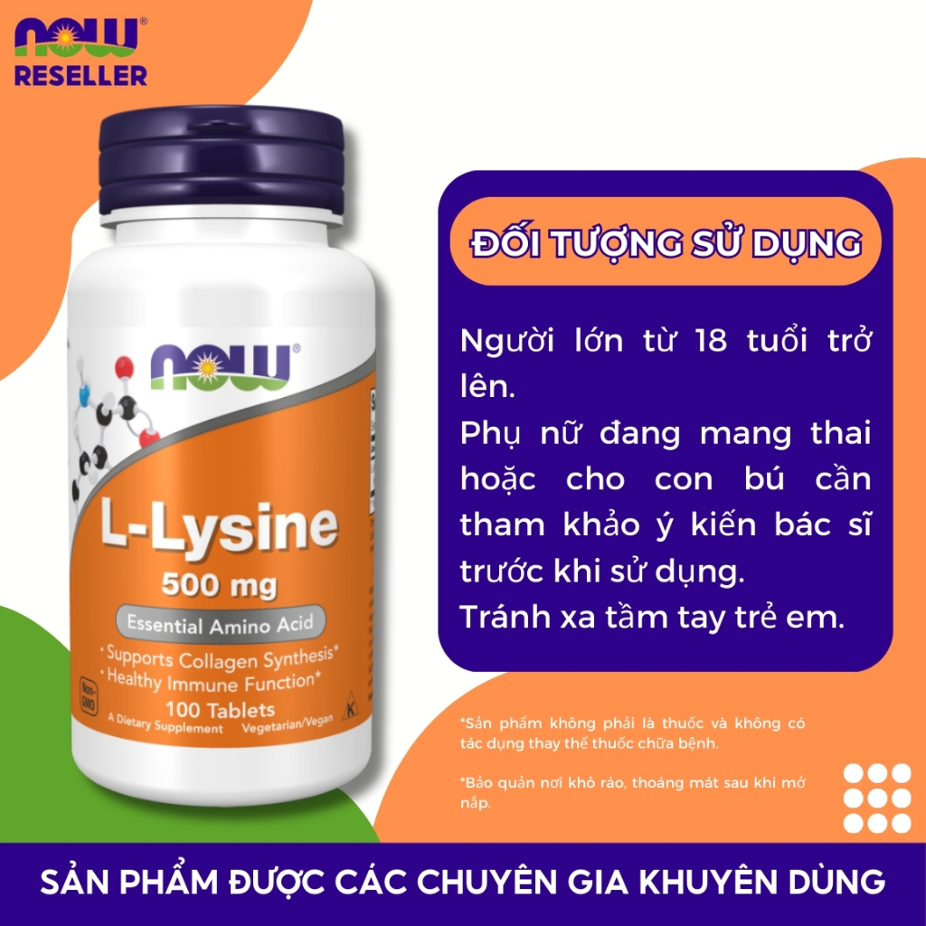 Hỗ trợ tăng sinh collagen Now L- Lysine giúp giảm mụn, hỗ trợ xương khớp 500mg 100 viên