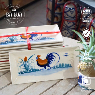 Dĩa gốm chữ nhật vẽ gà xưa, gốm thủ công Nam bộ