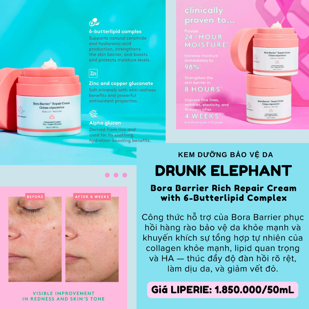  Kem đưỡng bảo vệ da Drunk Elephant Bora Barrier Rich Repair Cream with 6-Butterlipid Complex