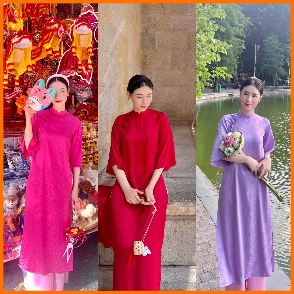 Set Áo Dài Xuông Dáng Xưa Đính Nơ Vai Cách Điệu Trẻ Trung Dự Lễ Tết May Sẵn