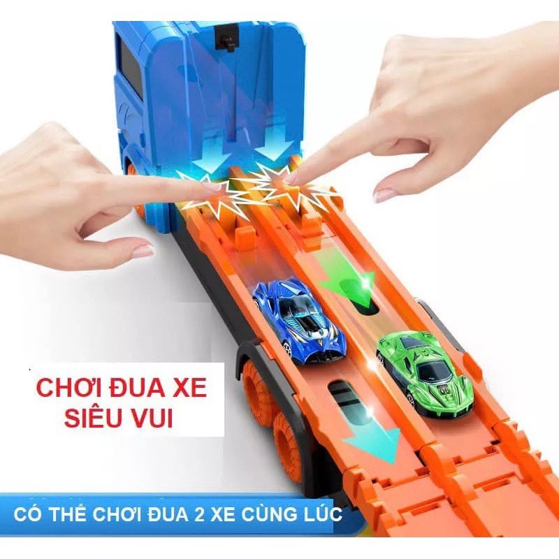 Xe ô Tô tải 3 tầng đường đua dài có thể gấp gọn, Xe Vịt Vàng, Khủng Long, Xe máy xúc, xe Lu Chở Lego 124 Chi Tiết