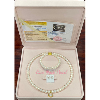 Bộ trang sức quà tặng 8ly màu Trắng hạt tròn oval mix mặt dây chuyền, gồm Vòng cổ, Vòng tay, Bông nụ, Hộp, Phiếu kiểm