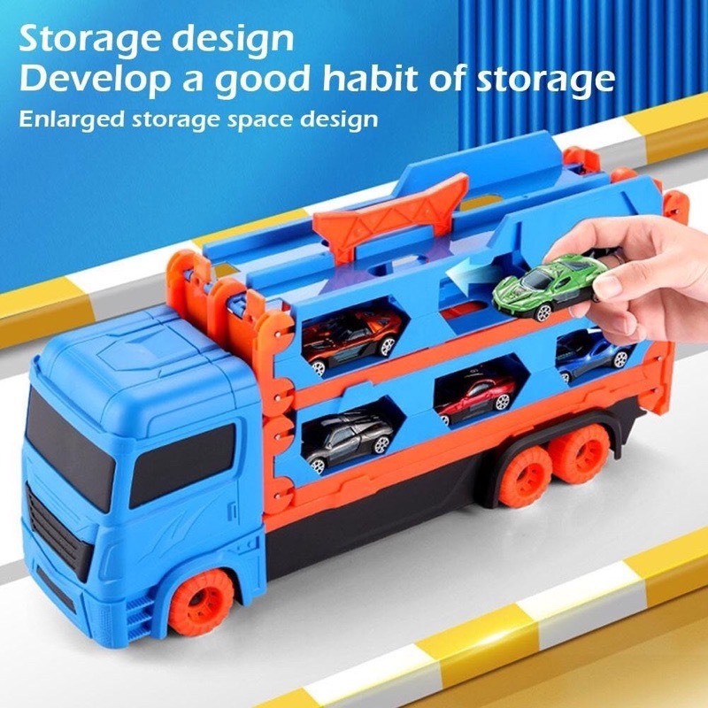 Xe ô Tô tải 3 tầng đường đua dài có thể gấp gọn, Xe Vịt Vàng, Khủng Long, Xe máy xúc, xe Lu Chở Lego 124 Chi Tiết