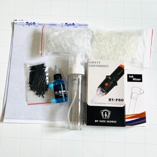 Combo phụ kiện xăm gồm giấy than, 10 kim xăm, hũ đựng mực xăm, nước rửa hình xăm