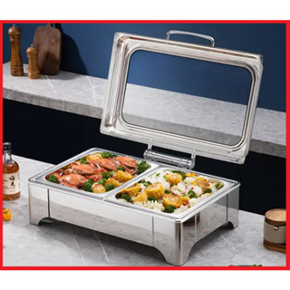 Nồi hâm buffet chữ nhật mặt kính rộng bản lề thủy lực dung tích 9 lít đến 13,5 lít chân thấp, dùng điện