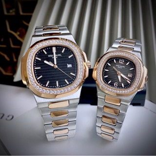 Đồng hồ cặp nam, nữ Patekk Philippeer máy Quarzt (Pin) cao cấp mặt vuông viền đá siz 32, 40mm màu trắng silver