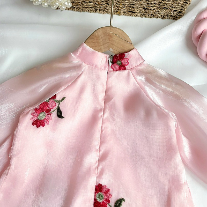 Áo Dài Cách Tân Tơ Lụa Organza Thêu NHÍM XÙ KIDS Cho Bé Gái AD135