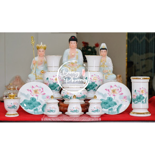 Bộ đồ thờ cúng thần tài thổ địa sứ xương, set đồ thờ phụng gia tiên bạch ngọc sen hồng lá xanh vàng cao cấp
