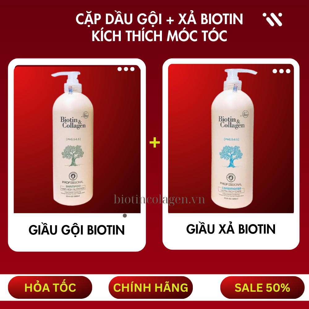 Cặp Dầu Gội Xả Biotin Collagen Chống Rụng Kích Thích Mọc Tóc Siêu Mềm Mượt  Biotin &Collagen 1000ML