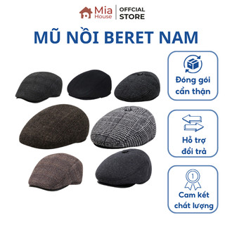 Mũ beret Nón nồi nam kẻ caro vải dạ nỉ có khuy thiết kế che tai ấm áp cho mùa đông- Món quà ý nghĩa dành tặng người thân