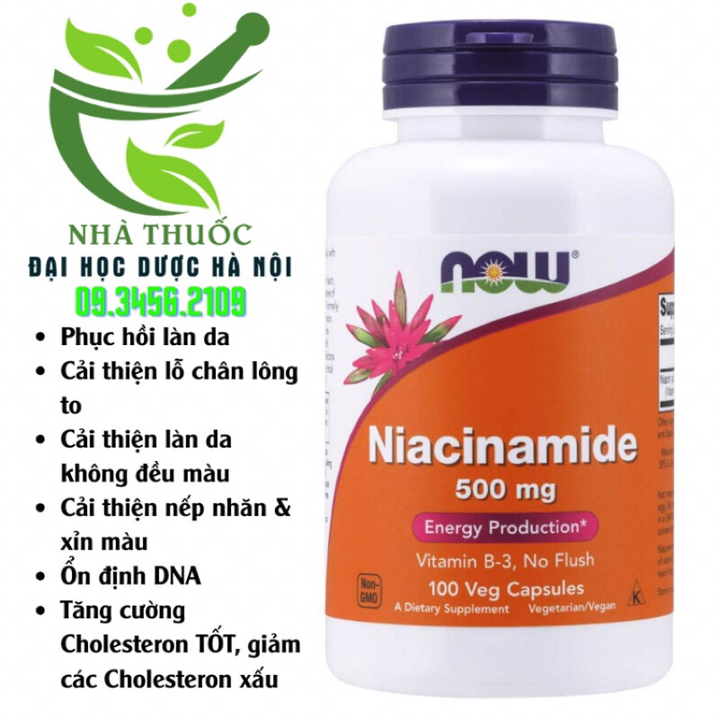 NOW Niacinamide 500mg cung cấp Niacin (Vitamin B3) hỗ trợ trẻ hoá làn da, hạn chế mỡ máu