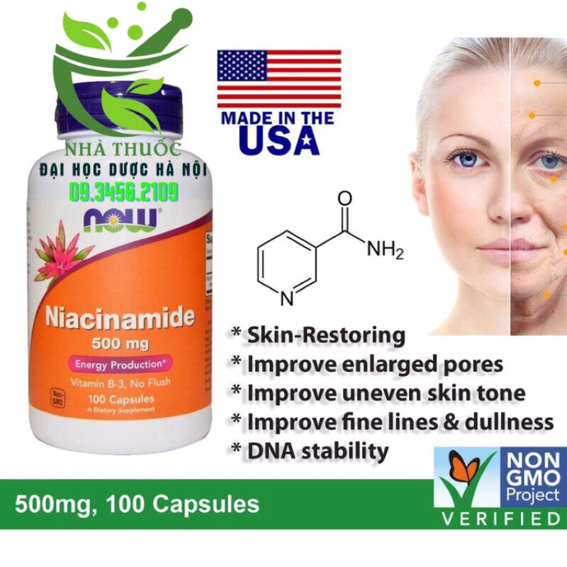 NOW Niacinamide 500mg cung cấp Niacin (Vitamin B3) hỗ trợ trẻ hoá làn da, hạn chế mỡ máu