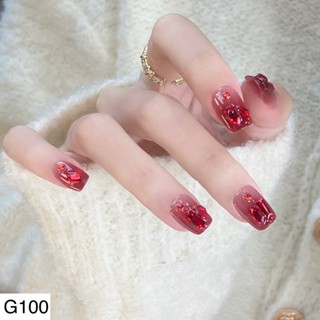  G100 - Móng Tay Giả Đính Đá bộ 24 móng màu thạch tone đỏ rực rỡ đi chơi noel đi chúc tết 2026 