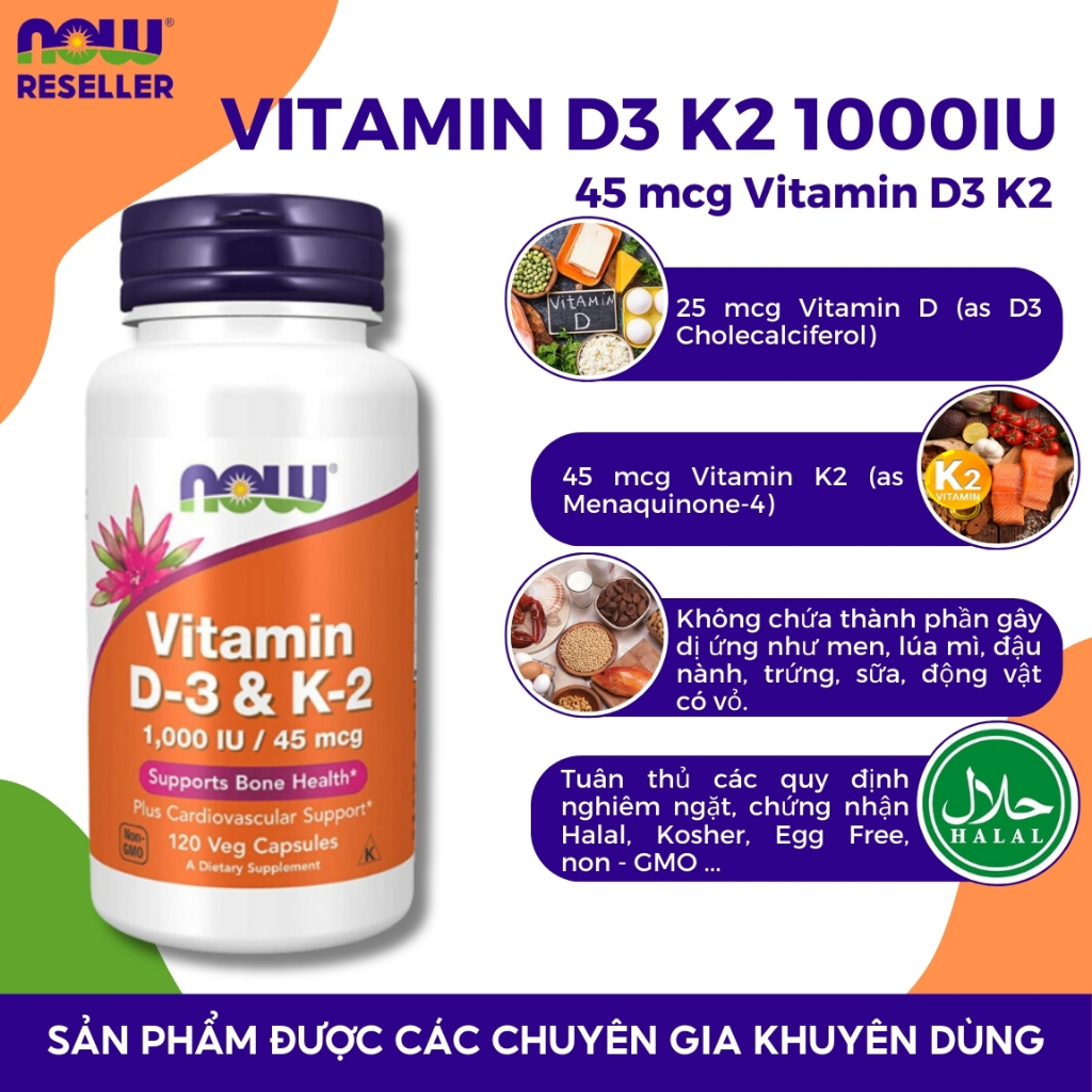 Vitamin D3 K2 Now 1000IU 45mcg hỗ trợ xương chắc khỏe, cải thiện sức mạnh cơ bắp của Mỹ 120 viên