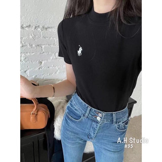 Áo thun thêu ngưa cổ 5 phân dáng ôm