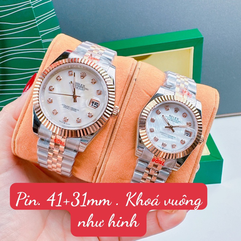 Đồng hồ cặp Nam, Nữ rolexx dây kim loại demi mặt tròn siz 31,41mm viền trơn máy Quartz (Pin)