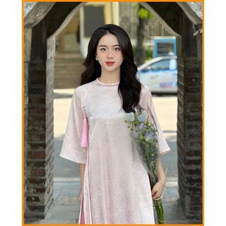 Áo dài cách tân cổ kết gấm hoa chìm kèm tua rua treo ngực ,Áo dài Mộc Mai Gấm lụa cách tân dáng suông