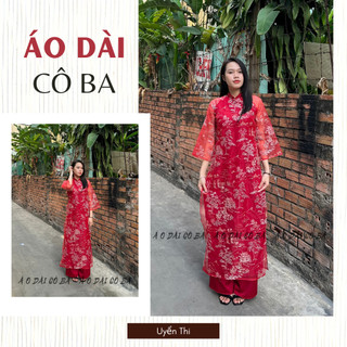 Áo dài cách tân dáng suông đỏ họa tiết thêu 2 lớp 4 tà dễ mặc