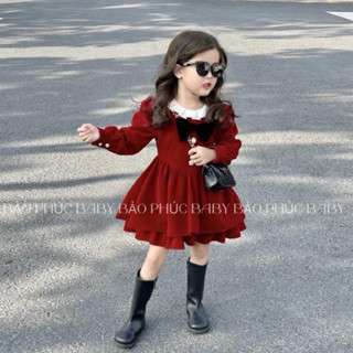  ☘️BP11 Váy trẻ em thiết kế,vải nhung dáng xoè dài tay đi học đi chơi đi tiệc nhẹ nhàng tiểu thư 