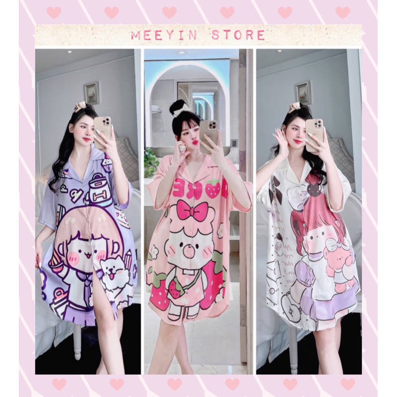 Đầm ngủ nữ sơ mi thiết kế in hoạ tiết chất liệu lụa xước ánh kim cao cấp freesize