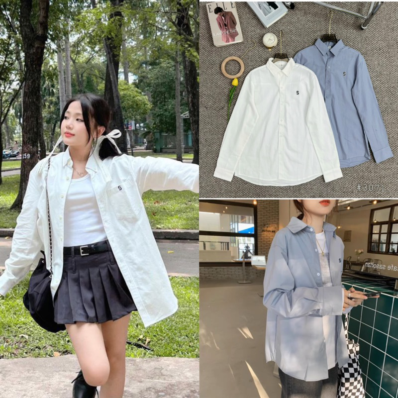 Áo sơ mi nam nữ mặc đôi unisex form rộng đẹp thêu chữ S Hàng QC Cao Cấp 2024
