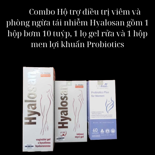 Combo Hyalosan hộ trợ điều trị và phòng ngừa viêm nhiêm phụ khoa gồm 1 hộp 10 tuýp Vi.êm , 1 gel rửa và 1 hộp Probiotics