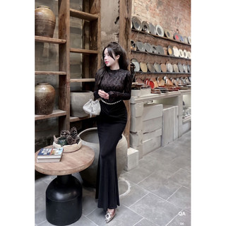 Đầm body lưới ren cổ tròn phối dây ngọc