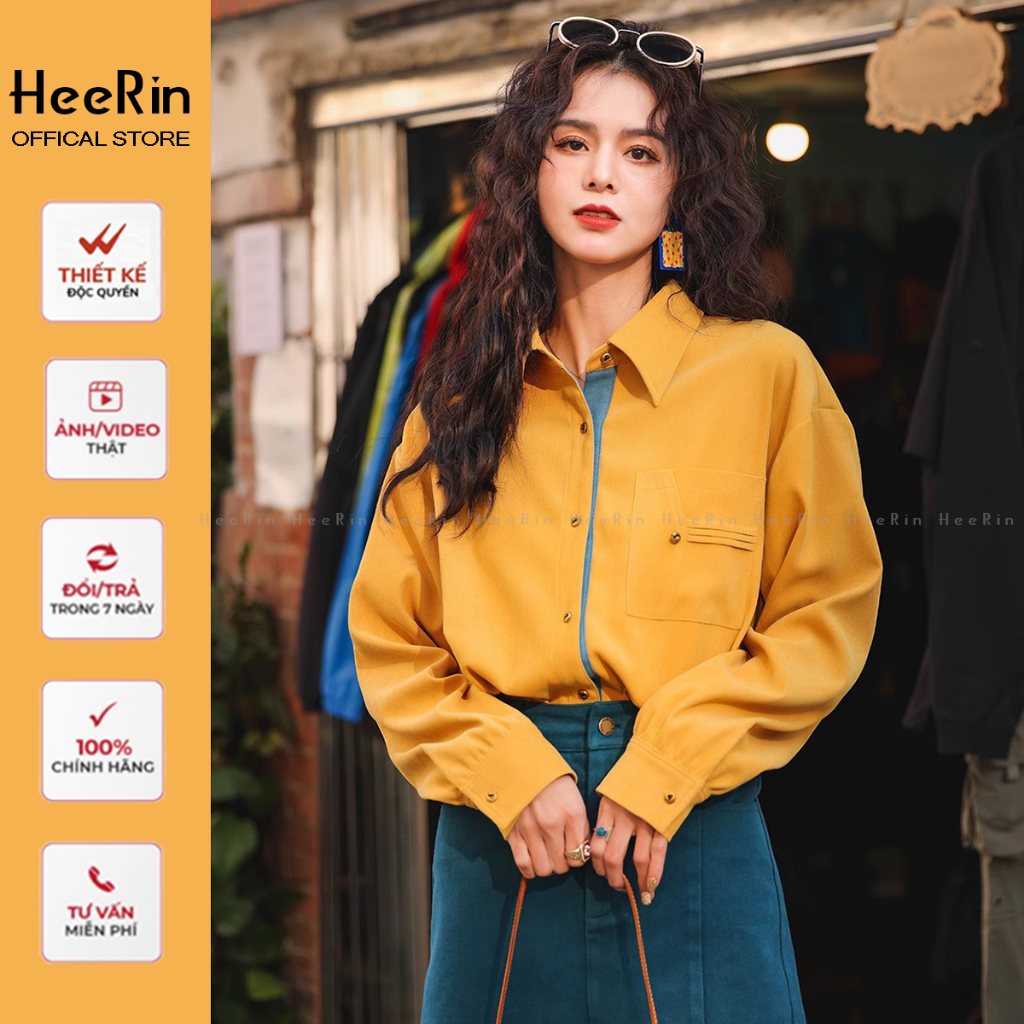HRS269 - Set Áo sơ mi màu vàng mơ + chân váy xanh vintage