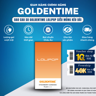 Bao cao su Siêu mỏng GOLDENTIME Lolipop nút thắt Nhiều gel Kéo dài thời gian Hương dâu Size 52mm