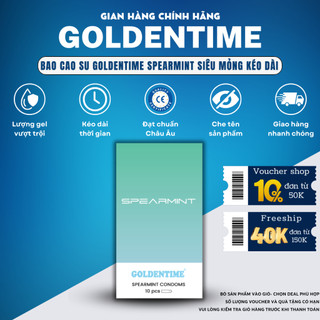 Bao cao su Siêu mỏng GOLDENTIME Spearmint Cổ thắt Nhiều gel Kéo dài thời gian Hương bạc hà Size 52mm