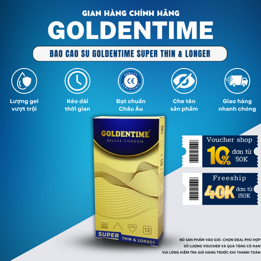Bao cao su Siêu mỏng GOLDENTIME Super Thin & Longer kéo dài size 52mm