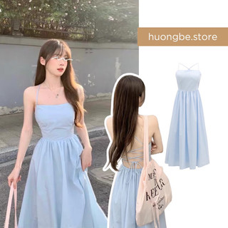 Đầm maxi dáng dài, hai dây, sợi bún, màu xanh pastel, đan dây hở lưng, hai lớp,có mút ngực, đi biển, có size