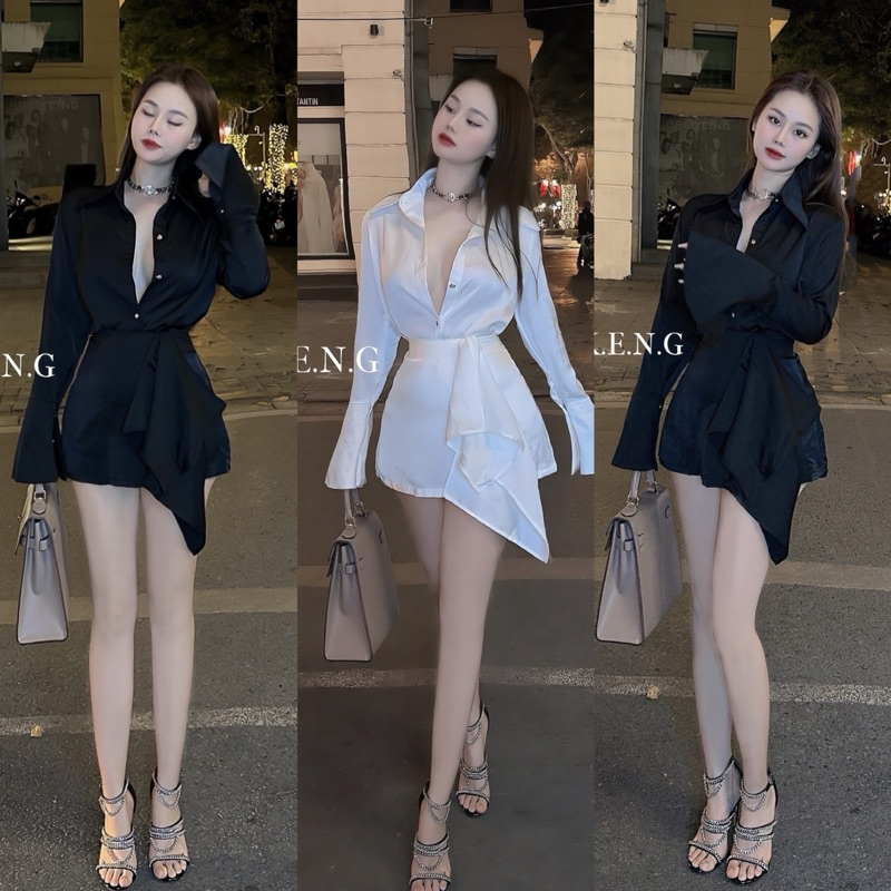 Set đồ nữ dễ thương áo sơ mi lụa mix chân váy vạt lệch