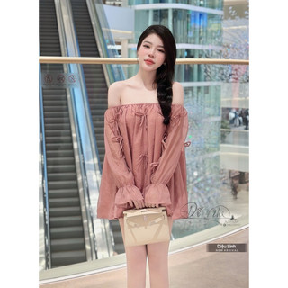 Đầm tơ trễ vai babydoll đính nơ tiểu thư