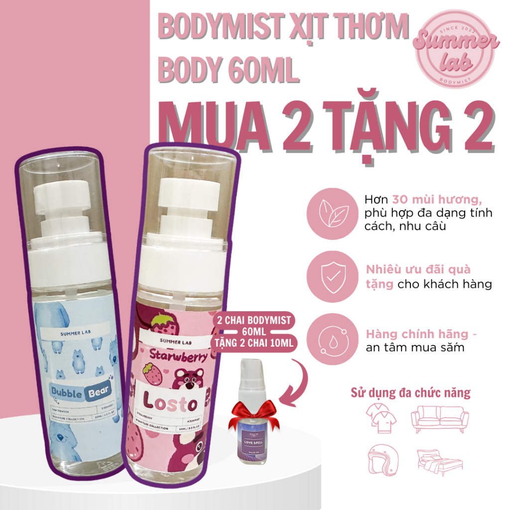 Summerlab Bodymist 60ml hương gấu dâu ngọt ngào, Lotso, Bubble Bear hương phấn em bé