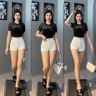 Áo thun lưới trơn cộc tay Phối zip trơn dáng Crop ôm