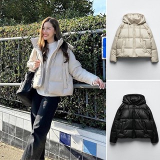   2 MÀU  ÁO KHOÁC PHAO DA ZARA XUẤT DƯ TUỒN CHẦN BÔNG DÁNG NGẮN CÓ MŨ MÀU KEM ĐEN - 3046 225 