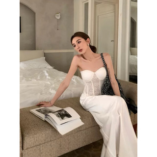 Set áo ống cúp ngực giả corset phối ren xuyên thấu ôm sát chân váy dáng đuôi cá dài trơn đơn sắc tôn dáng sang trọng
