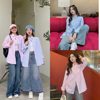 Áo sơmi kẻ sọc unisex thêu chữ “s” dài tay form rộng
