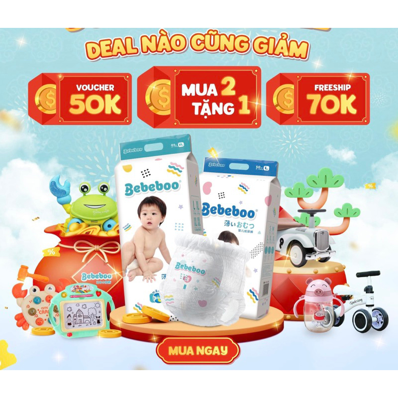 Combo 2 Bịch Bỉm Quần/ Dán Bebeboo Nhật Bản S70/M60/L50/Xl46/Xxl42 Tặng 1 Quà