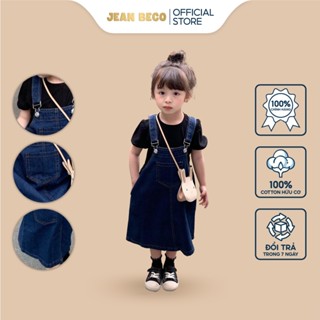 Váy yếm jeans hai dây JEANBECO, váy jean dạng yếm cho bé gái dáng suông dài xẻ tà Hàn Quốc VD02