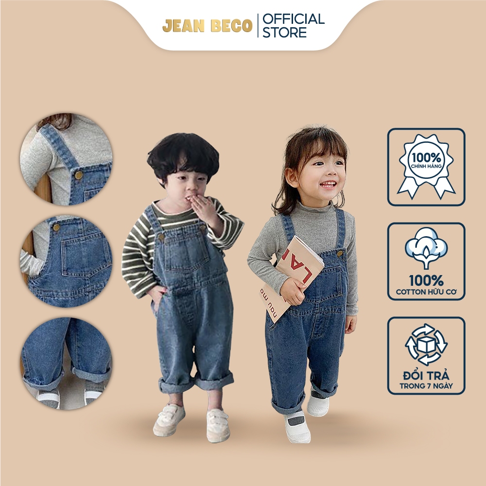 Quần yếm jeans hai dây JEANBECO, yếm jean dáng dài cho bé gái bé trai phối túi phong cách Hàn Quốc QYD02