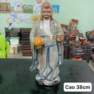 Tượng ông thọ cầm đào tranh trí bonsai tiểu cảnh gốm Bát Tràng