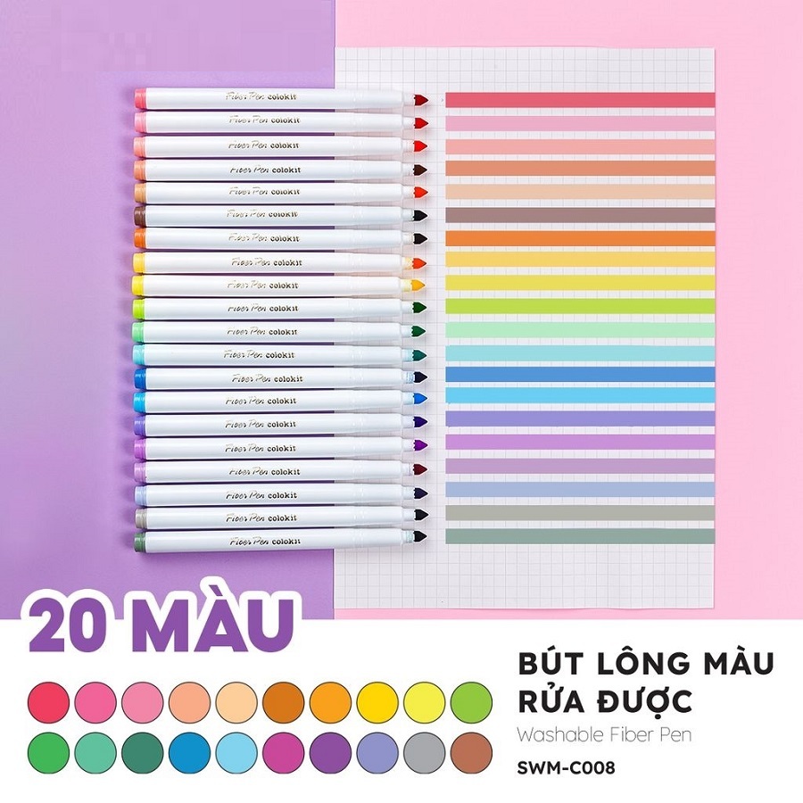 Bộ 20 bút lông màu Pastel Washable Fiber Pen Thiên Long bút viết Calligraphy Colokit SWM C008 / FP-C03