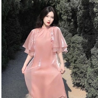 TẶNG BỜM_Áo dài cách tân . Áo dài du xuân lụa tơ óng tay cánh tiên màu hồng phấn  siêu hotrend
