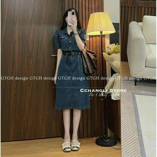 Đầm jean tay con, cổ sơ mi kèm dây lưng thời trang cá tính